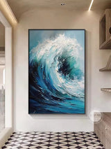 Ocean Waves Canvas Art Framed Blue Ocean Painting Acrylic Impressionist Ocean Painting