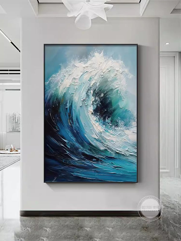 Ocean Waves Canvas Art Framed Blue Ocean Painting Acrylic Impressionist Ocean Painting